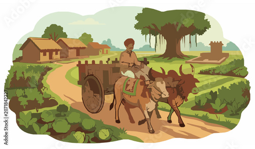 Obraz na plátně Traditional Indian bullock cart with farmer vector illustration