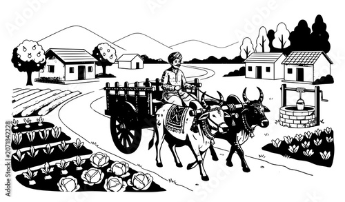 Obraz na plátně Indian village farmer with bullock cart vector design