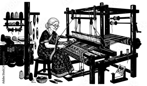 Fotografie Indian woman weaving on traditional handloom vector