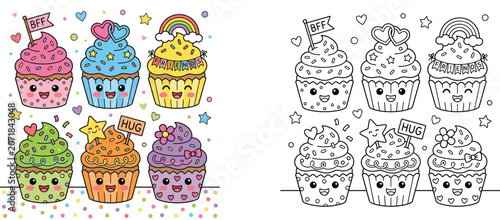Foto Cute kawaii cupcakes vector illustration with coloring page book