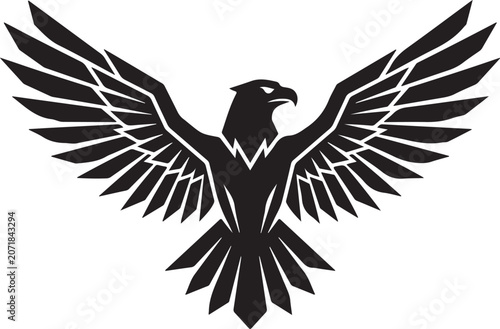 Black eagle icon with wings spread wide in a flying pose for sports logo design and heraldic emblems