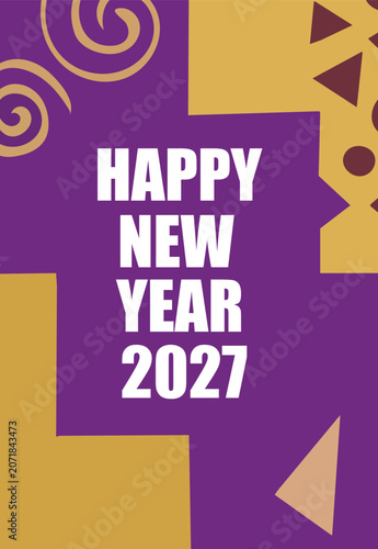 Happy new year 2027 greeting card design with abstract geometric shapes in purple and gold colors