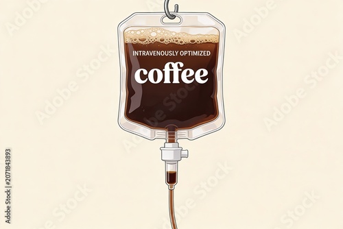 Humorous concept of a medical IV drip bag filled with dark frothy coffee with the text 