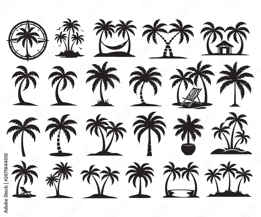 Fototapeta premium Black palm tree silhouettes set