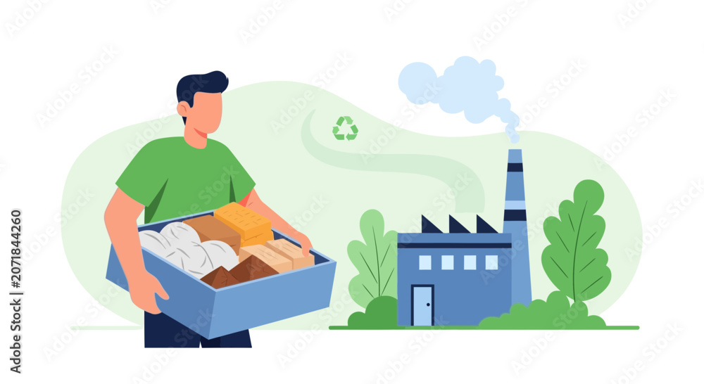Naklejka premium Man carrying bread in a box next to a factory with recycle symbol