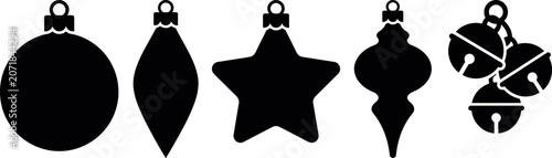 Set of Christmas Holiday Decorative Hanging Ornaments Vector Illustration Line Art