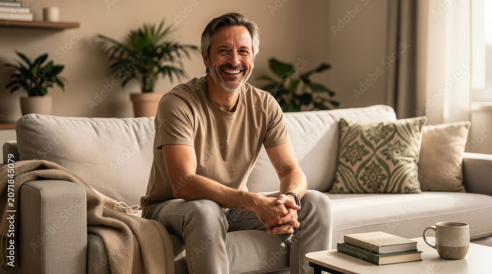 Fototapeta premium A cheerful man sits comfortably on a beige sofa in a cozy living room with plants, books, and soft natural light.