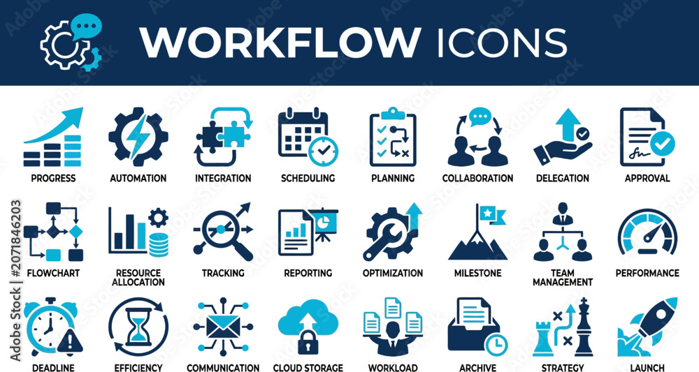 Fototapeta premium Workflow icons display a structured sequence of operations and management tasks for efficient business process optimization.