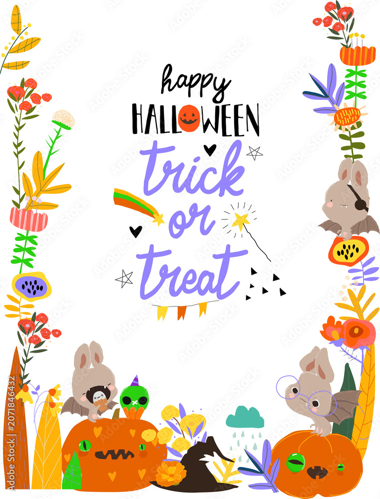 Naklejka premium Vector Cartoon Halloween Floral Frame With Funny Bats sitting on Pumpkins