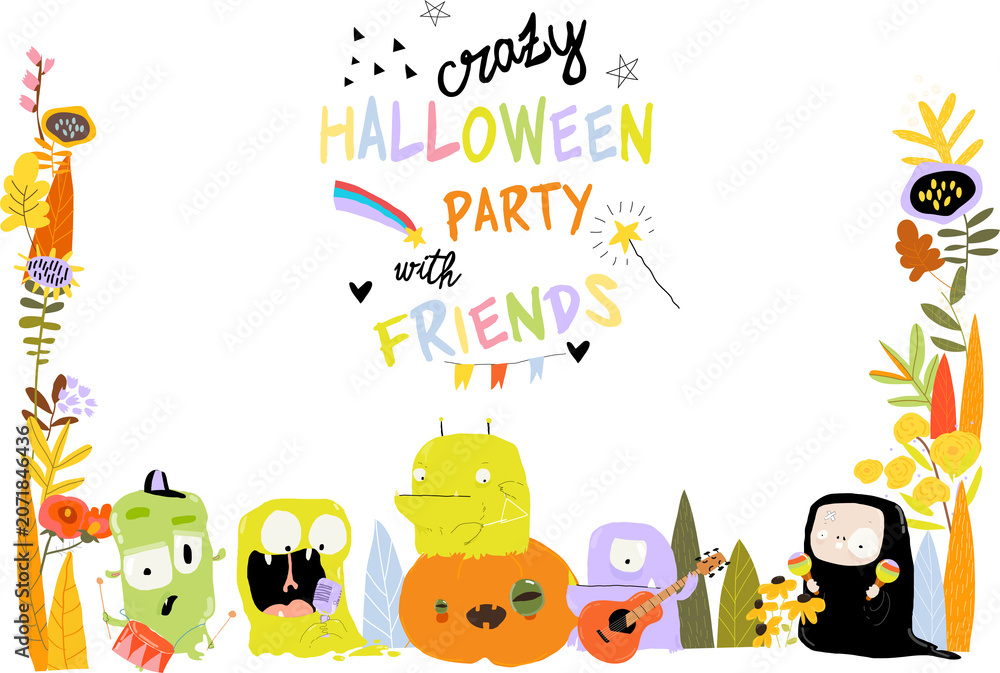 Fototapeta premium Vector Cartoon Halloween Floral Frame With Funny Monsters Band playing Crazy Music