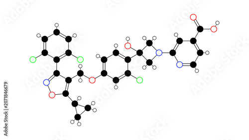 Valokuva cilofexor molecule, structural chemical formula, ball-and-stick model, isolated