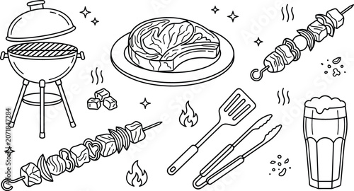 Photos BBQ barbecue grill traditional vector elements doodle set with steak skewers bee