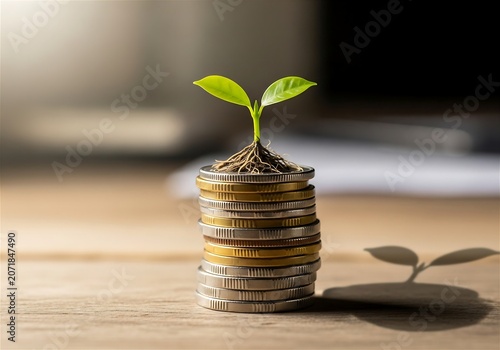 Financial Growth Concept With Green Seedling Sprouting From Stack of Coins on Wooden Table