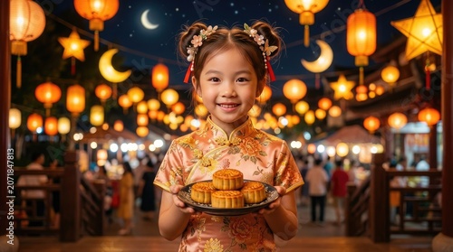 Young asian girl presents mooncakes during mid autumn festival celebration