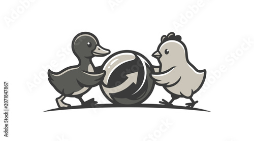 Fotografía Duck and chicken playing tug of war.