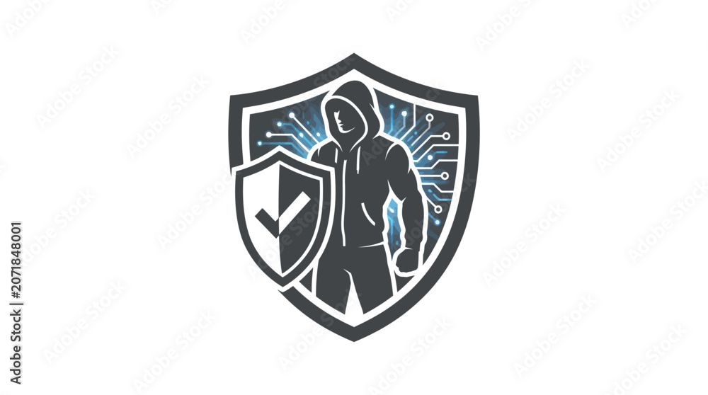 Fototapeta premium Hooded figure with shield logo icon.