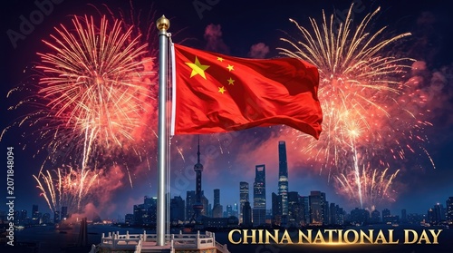 Shanghai skyline with chinese flag and fireworks national day celebration