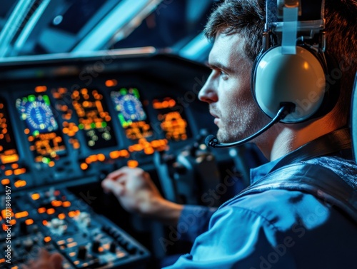Dedicated pilot managing cockpit controls with sophisticated flight instruments during nighttime operations
