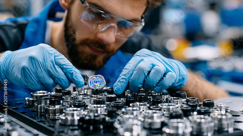 Certification examiner affixing a holographic quality seal to a batch of finished metal components on an inspection table in a precision machining facility, badge of excellence concept in manufactur