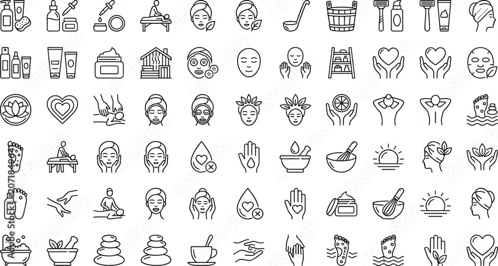 Fototapeta premium Spa and wellness beauty line icons set featuring massage therapy facial treatments skincare products and salon relaxation elements for commercial website design