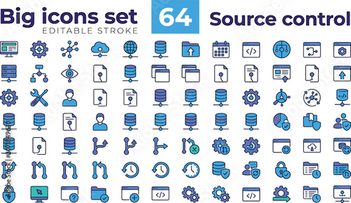 Obraz na plátně Source control version development color line icons set featuring server databas