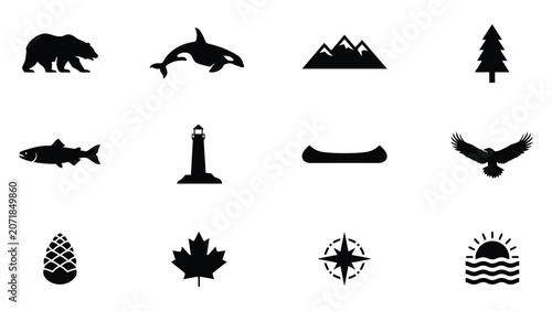 Pacific northwest nature and wildlife silhouette icons set with bear orca mountains tree.