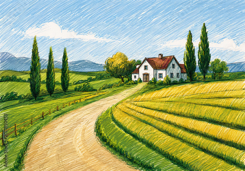 Scenic rural countryside illustration featuring a farmhouse surrounded by rolling green hills, cultivated agricultural fields, tall trees, and a winding country road. Bright summer landscape.