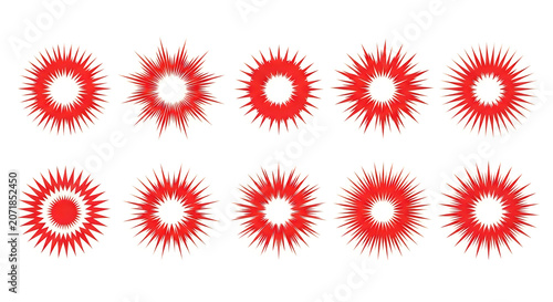 Vibrant fireworks display in bold red and white hues with spiky, radiant bursts, arranged in two neat rows showing symmetrical explosions of color against a stark white backdrop