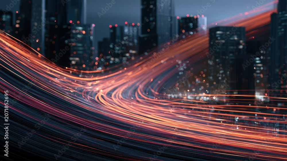 Obraz premium Digital communication flow, fiber optic streams connecting skyscrapers, futuristic city network glow. 
