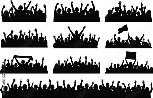 Quadro em tela Black silhouettes of cheering crowds with raised hands and protest signs