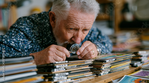 Retired postal historian seated at a wide sorting table examining a hand-tinted Edwardian seaside resort postcard using jeweler's loupe, stacks of categorized albums and acid-free sleeves arranged b