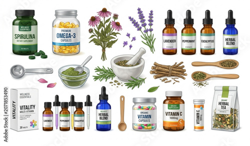 Cuadro en lienzo Natural Vitamins and Dietary Supplements Vector Set with Herbal Therapy and Omeg