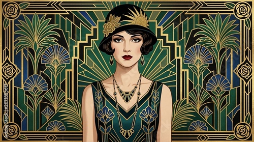 Woman in Art Deco dress and hat, gold jewelry, standing in front of ornate geometric pattern