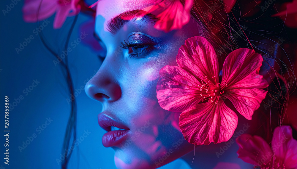 Naklejka premium Female portrait flower pink blue face profile beauty macro artistic double exposure woman closeup neon studio glamour skin makeup eye lip hair petal blossom bloom floral abstract surreal color