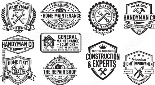 Vintage handyman and home repair service emblem collection with retro badges for construction maintenance and house renovation business