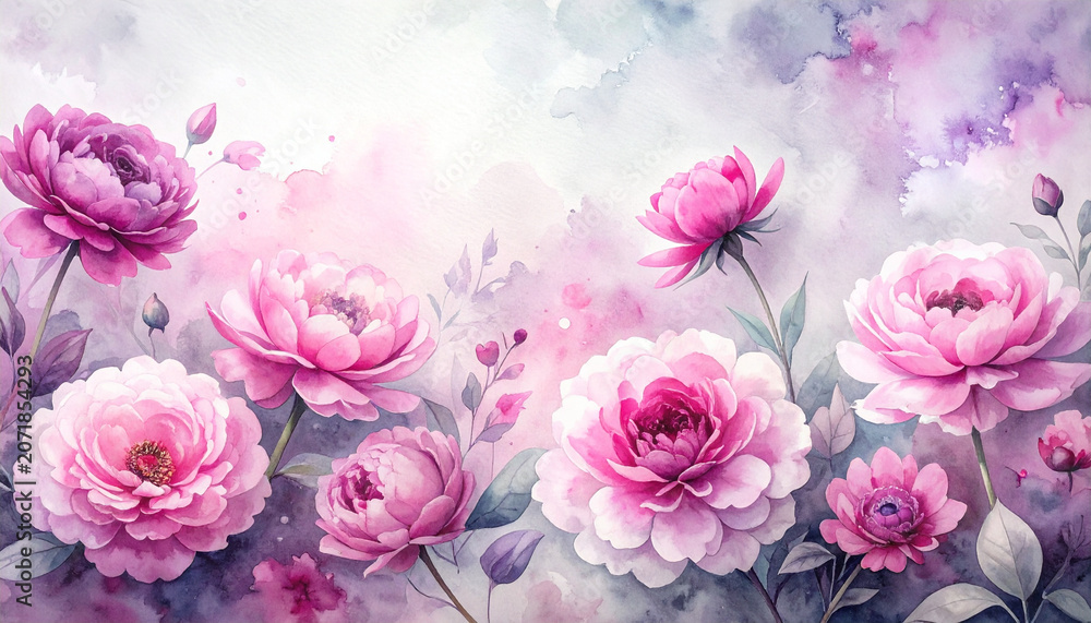 Fototapeta premium Pink flower watercolor painting with soft pastel bloom, dreamy floral arrangement and misty purple background