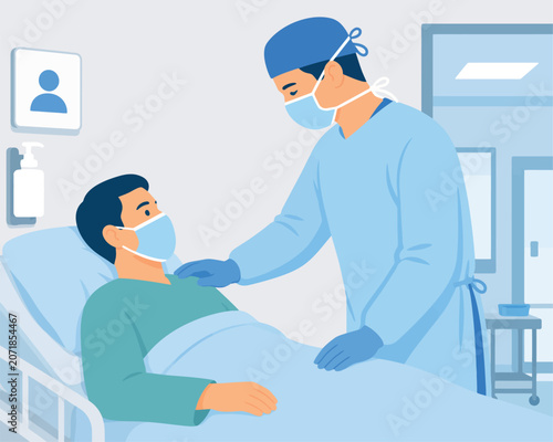Obraz na plátně Doctor comforting male patient in hospital bed during recovery