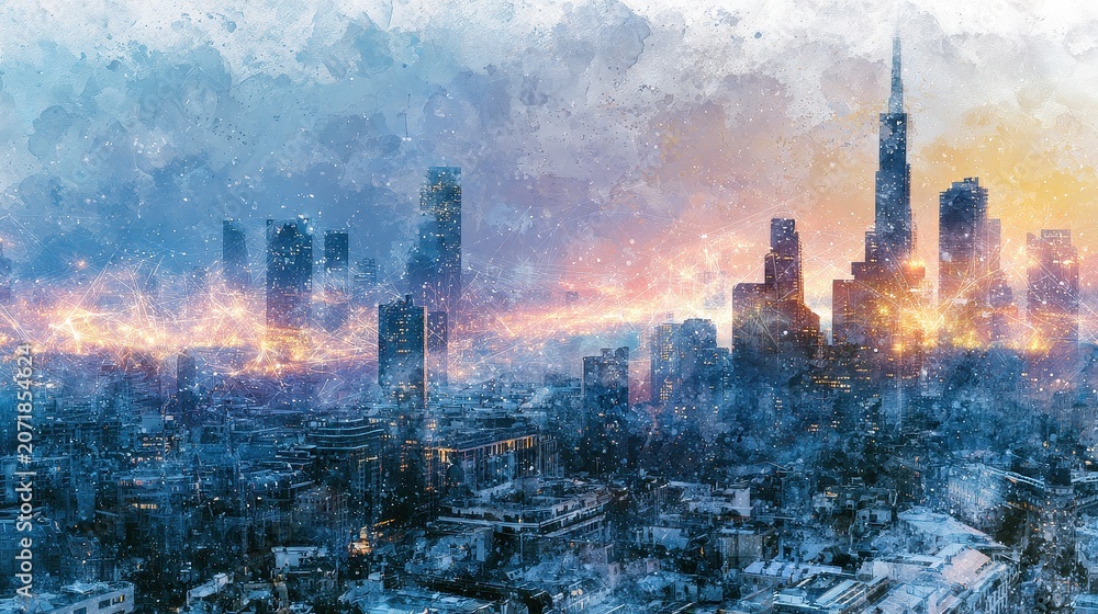 Fototapeta premium Digital transformation city, old-to-new tech fusion with glowing network overlays, futuristic watercolor style, Watercolor style.