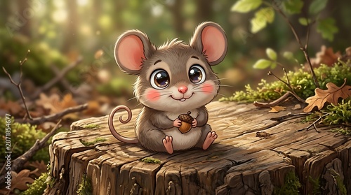 Cute cartoon mouse sitting on tree stump in forest