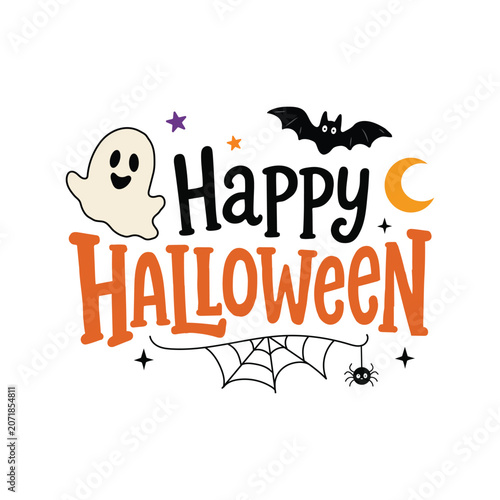 Happy halloween typography with ghost bat and spider web