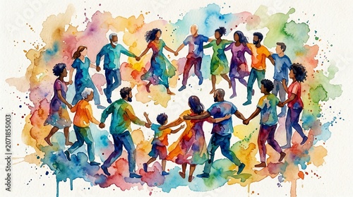 Diverse people holding hands in circle, colorful watercolor illustration