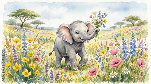 Baby Elephant Playing in Colorful Wildflower Meadow with Trees