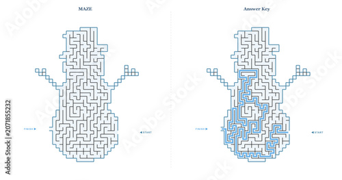 Winter maze printable sheet featuring snowman design with solution  