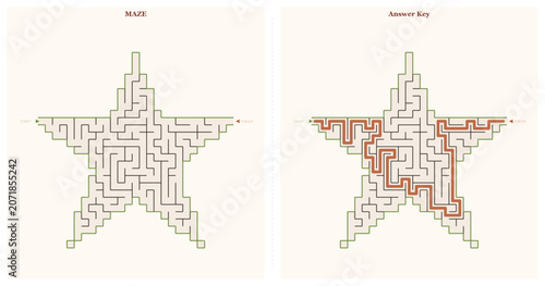 Foto Winter maze activity sheet with star shape and solution pathway