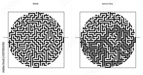 Winter maze activity printable with solution in circular design  