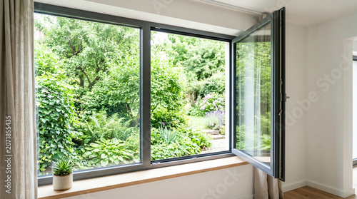 Modern Open Aluminum Window Overlooking Lush Green Garden With Trees and Plants