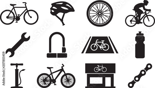 Bicycle, cycling, bike icons, 10 black silhouettes, road bike, mountain bike, cycling accessories