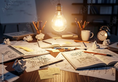 Creative Brainstorming Workspace With Glowing Light Bulb, Sketch Books and Crumpled Paper