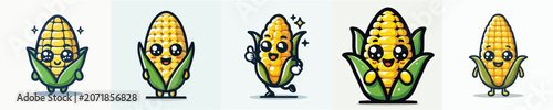 Foto Cute corn cartoon character mascot set, kawaii sweet corn vegetable illustration