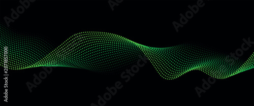 Flowing dots particles wave pattern green isolated on green, black background gradient. Vector in concept of technology, science, music,